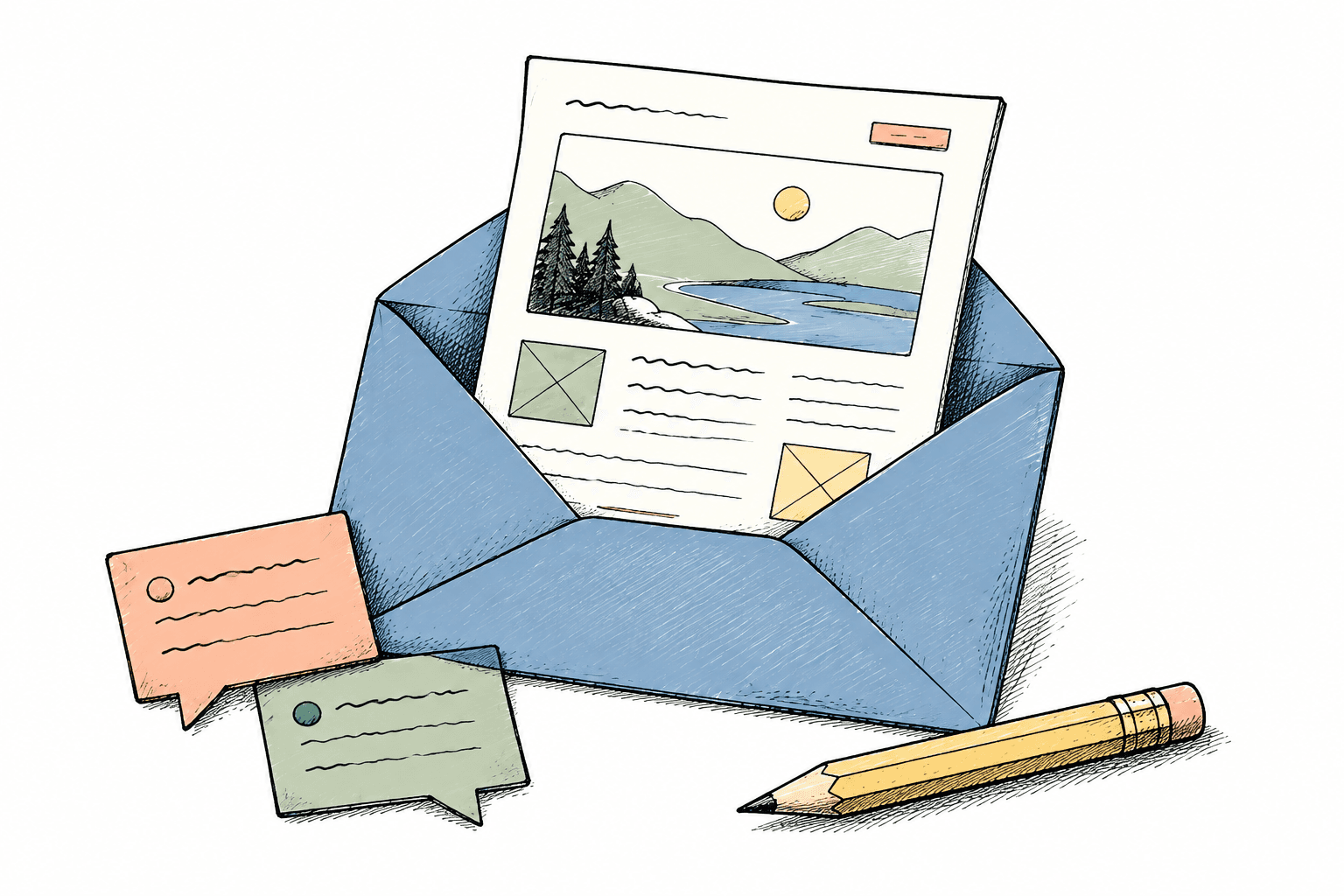 Hand-drawn newsletter in a blue envelope with colourful notes