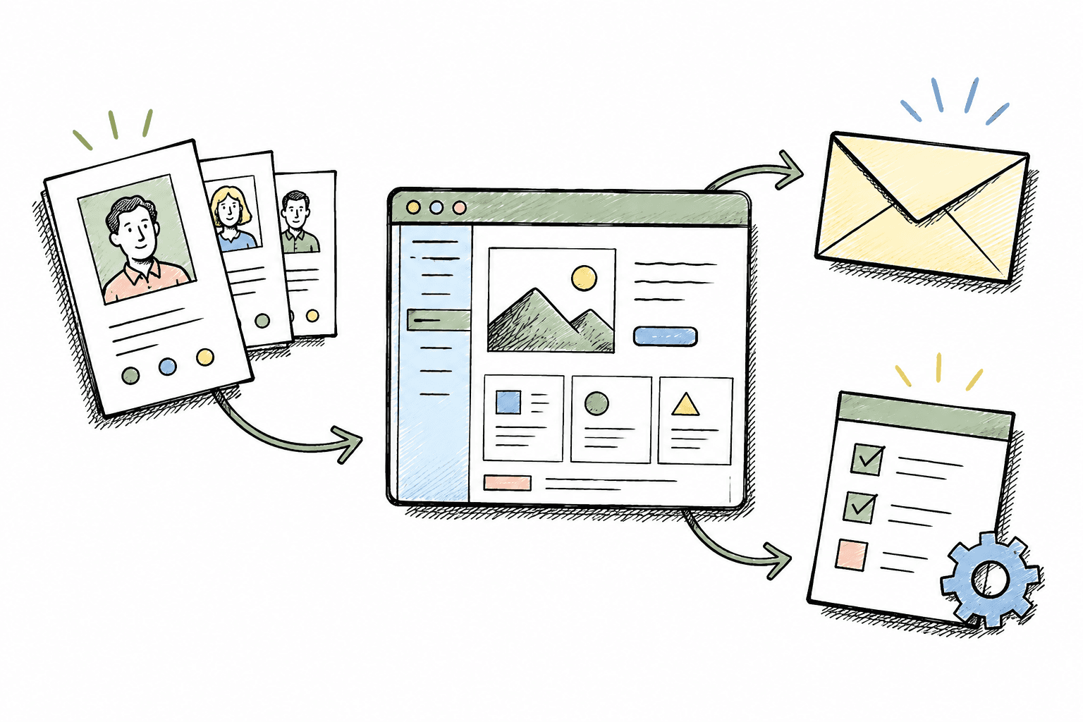 Hand-drawn system connecting customers, email and tasks